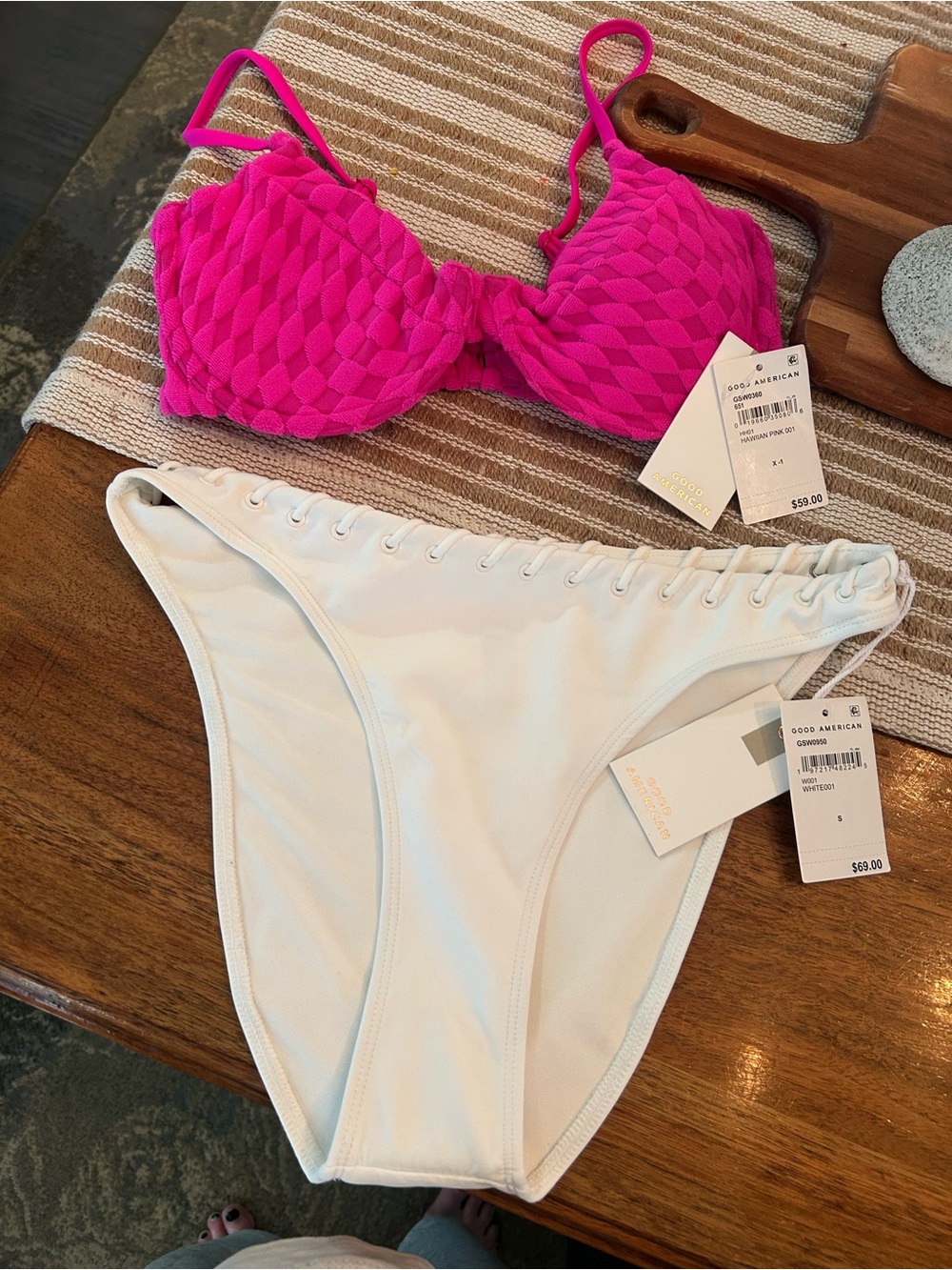 Good American Women's Bright Pink Textured Bikini Top and White Bikini Bottom